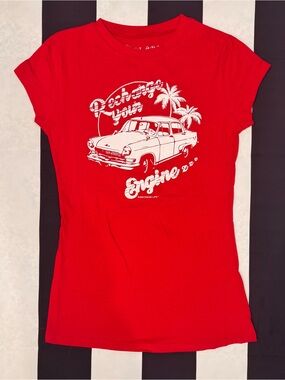 Splash Red Tee with White Retro Car & Palm Graphic